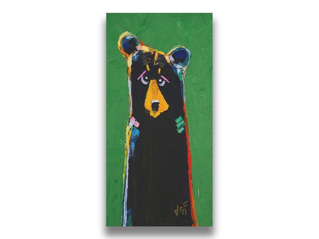 A stylized portrait painting of a black bear depicted as a simplified shape, accented by a spectrum of colorful outlines, and set against a bright green background. Printed on canvas.