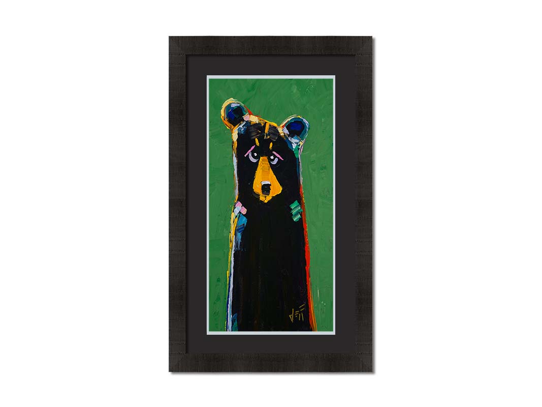 A stylized portrait painting of a black bear depicted as a simplified shape, accented by a spectrum of colorful outlines, and set against a bright green background. Printed on paper, matted, and framed.