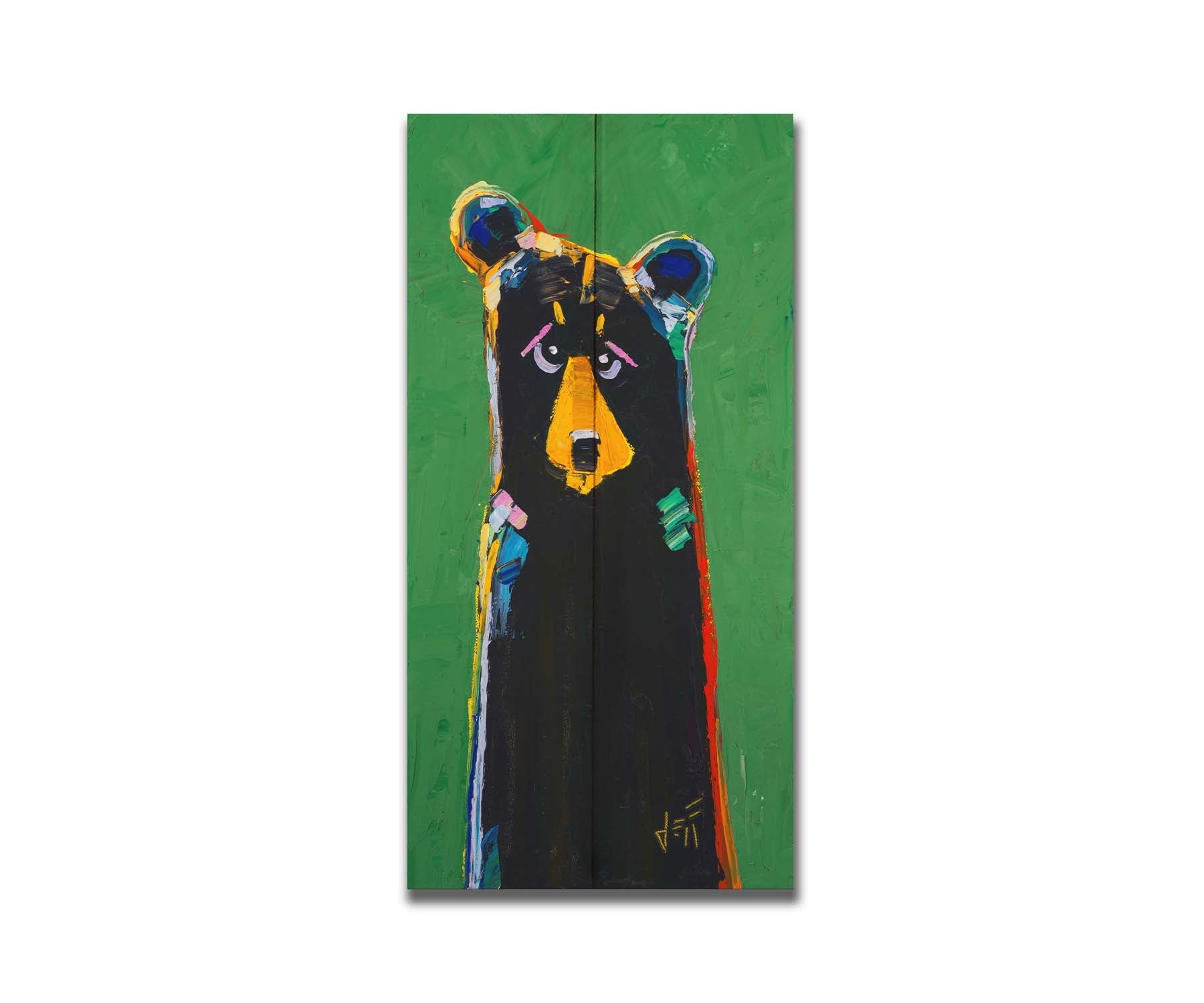 A stylized portrait painting of a black bear depicted as a simplified shape, accented by a spectrum of colorful outlines, and set against a bright green background. Printed on a box board.