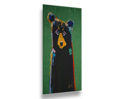 A stylized portrait painting of a black bear depicted as a simplified shape, accented by a spectrum of colorful outlines, and set against a bright green background. Printed on metal.