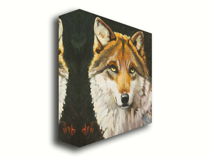 A painting of a wolf gazing forward. The warm brown and white fur, depicted through soft, fluffy brush strokes, adds a tactile sensation to the work. Printed on canvas.