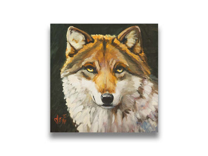 A painting of a wolf gazing forward. The warm brown and white fur, depicted through soft, fluffy brush strokes, adds a tactile sensation to the work. Printed on canvas.