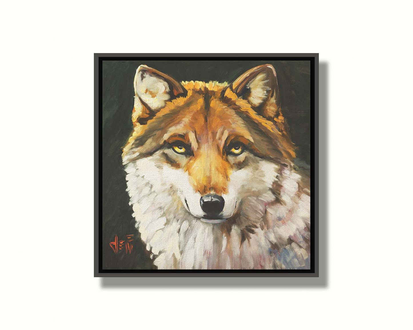 A painting of a wolf gazing forward. The warm brown and white fur, depicted through soft, fluffy brush strokes, adds a tactile sensation to the work. Printed on canvas in a float frame.