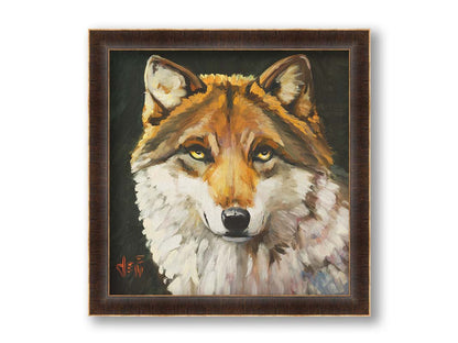 A painting of a wolf gazing forward. The warm brown and white fur, depicted through soft, fluffy brush strokes, adds a tactile sensation to the work. Printed on canvas and framed.