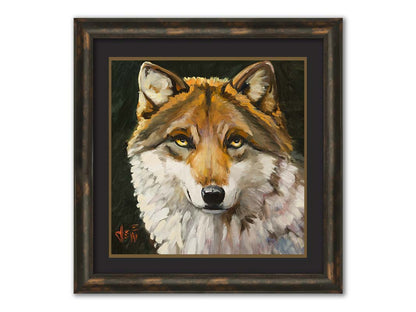 A painting of a wolf gazing forward. The warm brown and white fur, depicted through soft, fluffy brush strokes, adds a tactile sensation to the work. Printed on paper, matted, and framed.