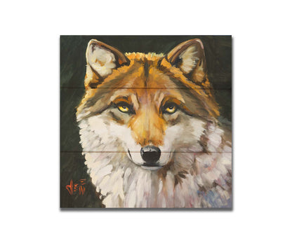 A painting of a wolf gazing forward. The warm brown and white fur, depicted through soft, fluffy brush strokes, adds a tactile sensation to the work. Printed on a box board.