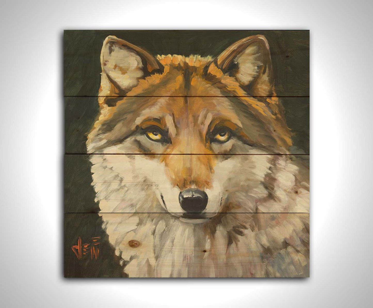 A painting of a wolf gazing forward. The warm brown and white fur, depicted through soft, fluffy brush strokes, adds a tactile sensation to the work. Printed on a wood pallet.