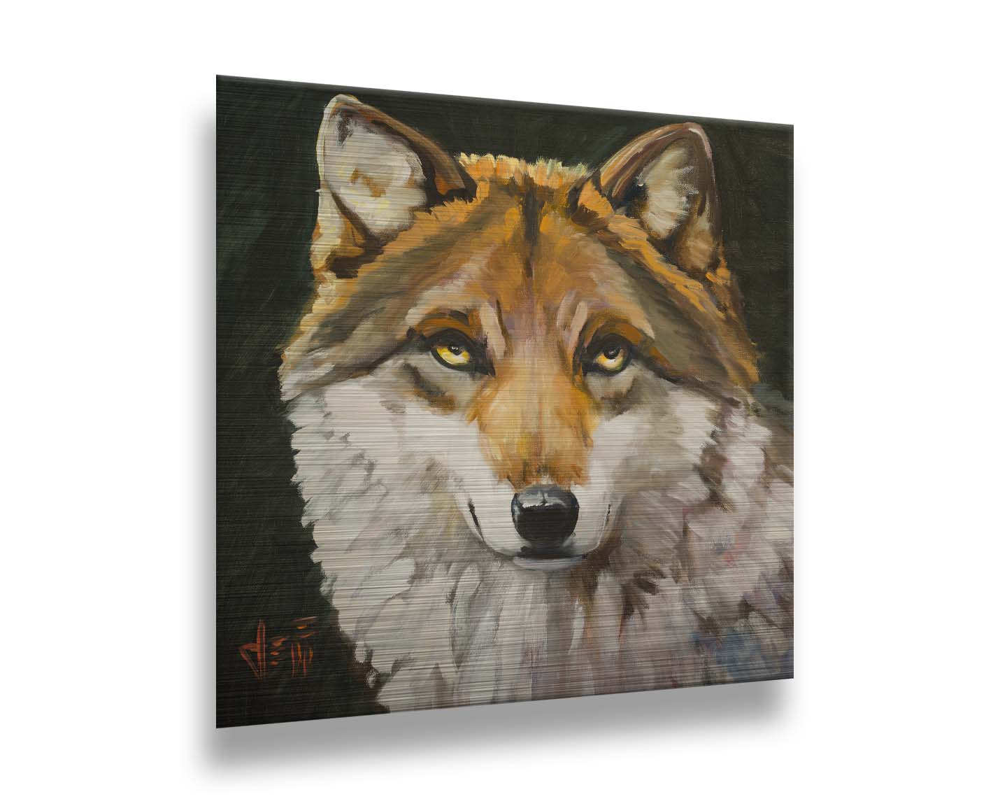 A painting of a wolf gazing forward. The warm brown and white fur, depicted through soft, fluffy brush strokes, adds a tactile sensation to the work. Printed on metal.