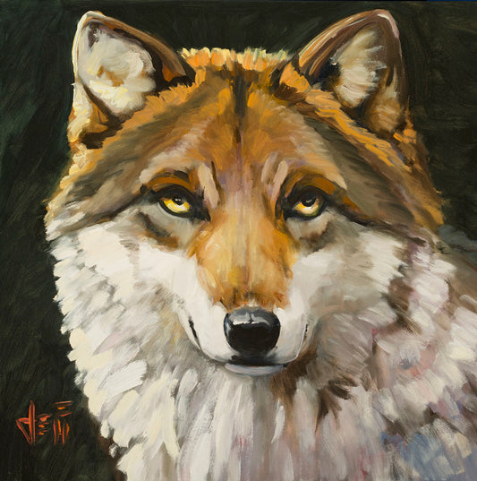 A painting of a wolf gazing forward. The warm brown and white fur, depicted through soft, fluffy brush strokes, adds a tactile sensation to the work.