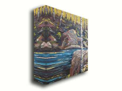 A painting of the stone bank of a river, running through a birch forest. Printed on canvas.