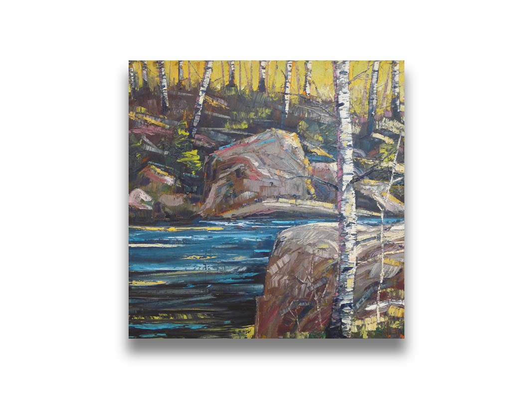 A painting of the stone bank of a river, running through a birch forest. Printed on canvas.