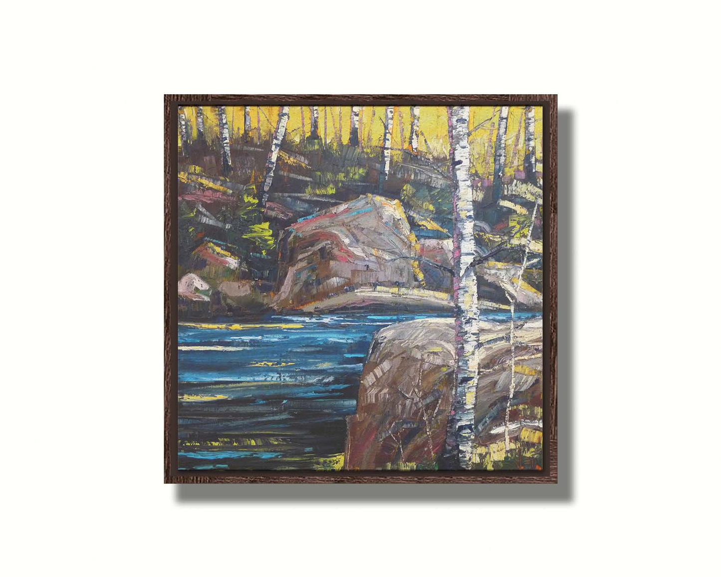 A painting of the stone bank of a river, running through a birch forest. Printed on canvas in a float frame.