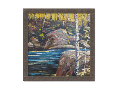 A painting of the stone bank of a river, running through a birch forest. Printed on canvas and framed.