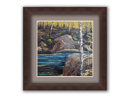 A painting of the stone bank of a river, running through a birch forest. Printed on paper, matted, and framed.