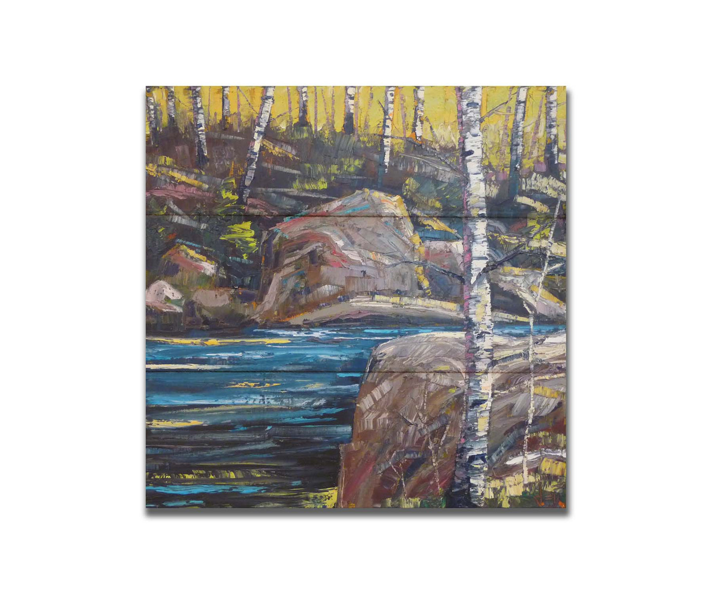 A painting of the stone bank of a river, running through a birch forest. Printed on a box board.