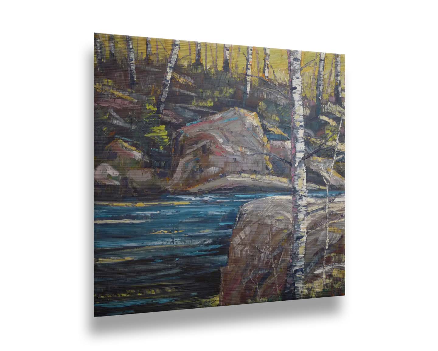 A painting of the stone bank of a river, running through a birch forest. Printed on metal.