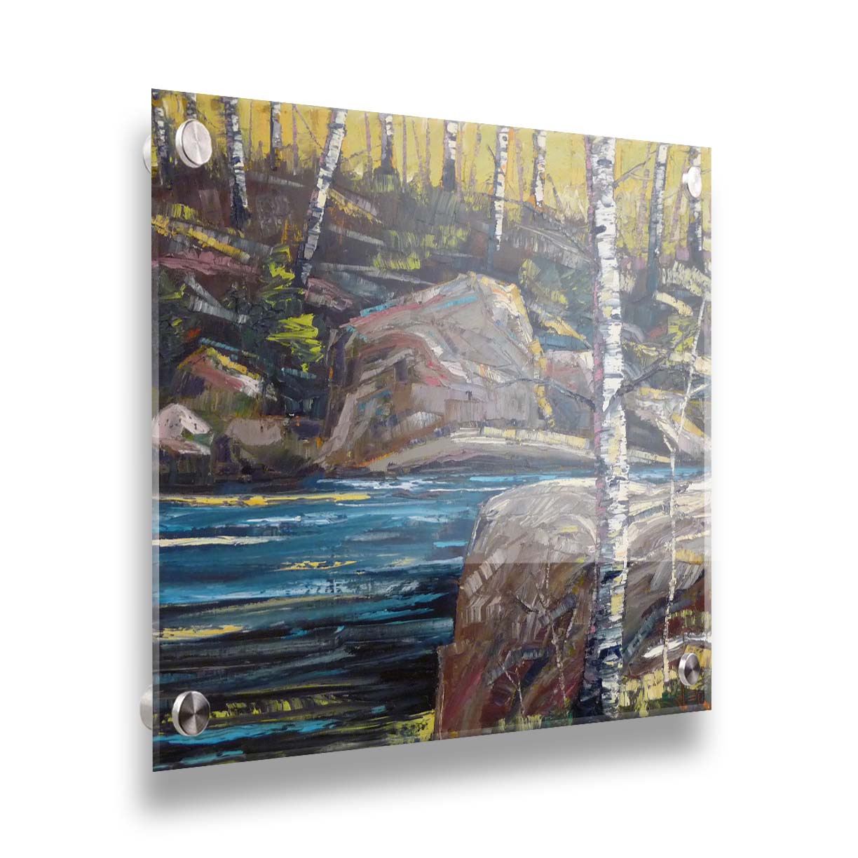 A painting of the stone bank of a river, running through a birch forest. Printed on acrylic.