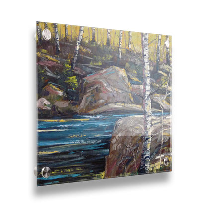 A painting of the stone bank of a river, running through a birch forest. Printed on acrylic.