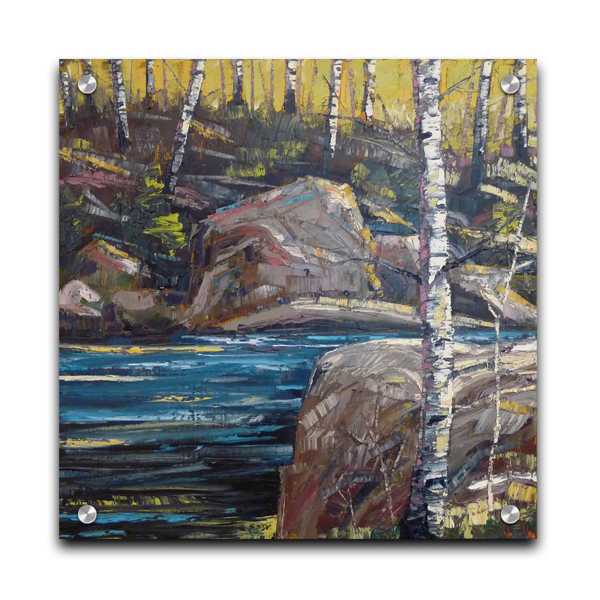 A painting of the stone bank of a river, running through a birch forest. Printed on acrylic.