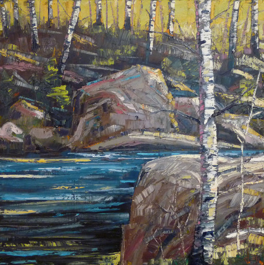 A painting of the stone bank of a river, running through a birch forest.