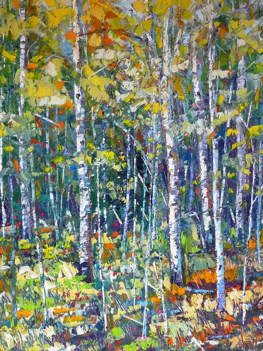 An impasto painting of a birch forest with a rainbow of colors in the foliage and leaves. The intense colors are contrasted by the stark white of the trunks.