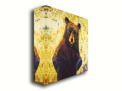 A highly textured, stylized portrait of a brown bear against a yellow background. Printed on canvas.