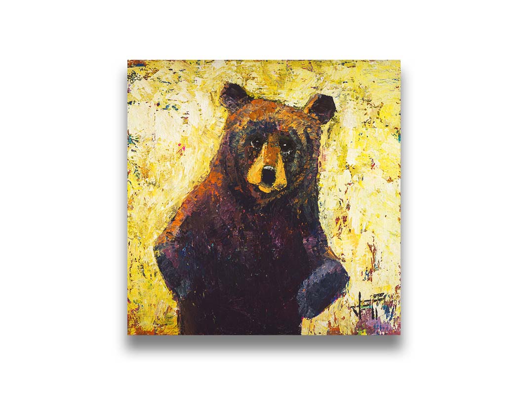 A highly textured, stylized portrait of a brown bear against a yellow background. Printed on canvas.