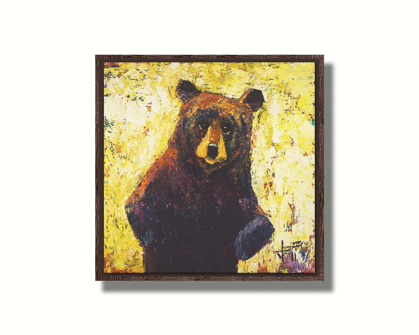 A highly textured, stylized portrait of a brown bear against a yellow background. Printed on canvas in a float frame.