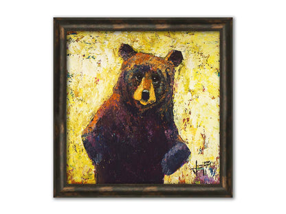 A highly textured, stylized portrait of a brown bear against a yellow background. Printed on canvas and framed.