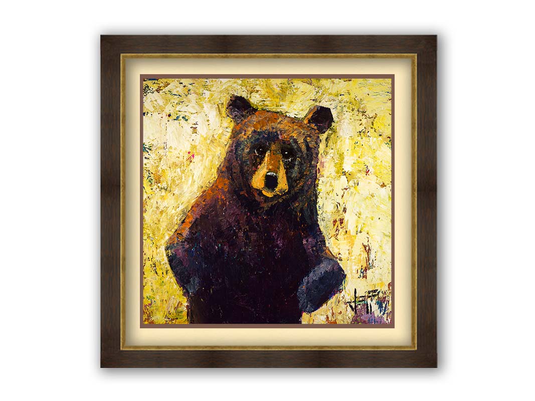 A highly textured, stylized portrait of a brown bear against a yellow background. Printed on paper, matted, and framed.