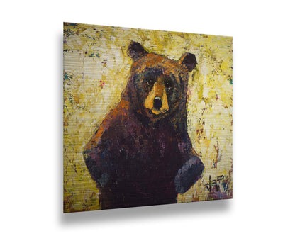 A highly textured, stylized portrait of a brown bear against a yellow background. Printed on metal.