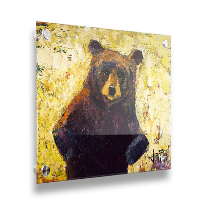 A highly textured, stylized portrait of a brown bear against a yellow background. Printed on acrylic.