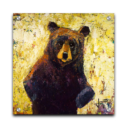 A highly textured, stylized portrait of a brown bear against a yellow background. Printed on acrylic.