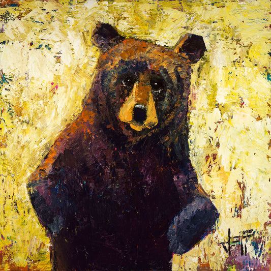 A highly textured, stylized portrait of a brown bear against a yellow background. 
