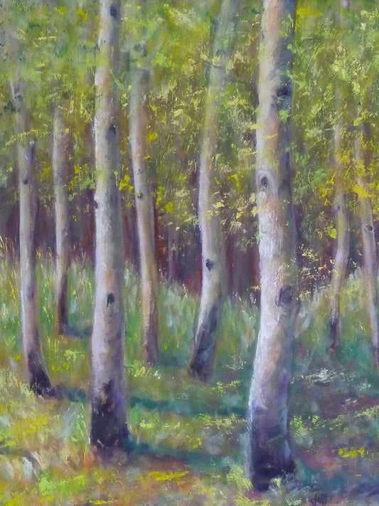 A painting of a forest of trees and soft grass, the smooth blended brushstrokes contrasted by more scratchy textured implications of leaves.