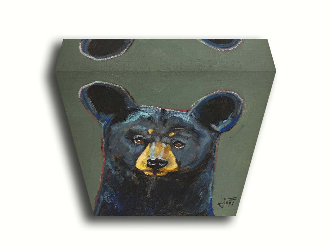 A painting of a black bear, accented with reds and blues, set against a gray-green background. Printed on canvas.