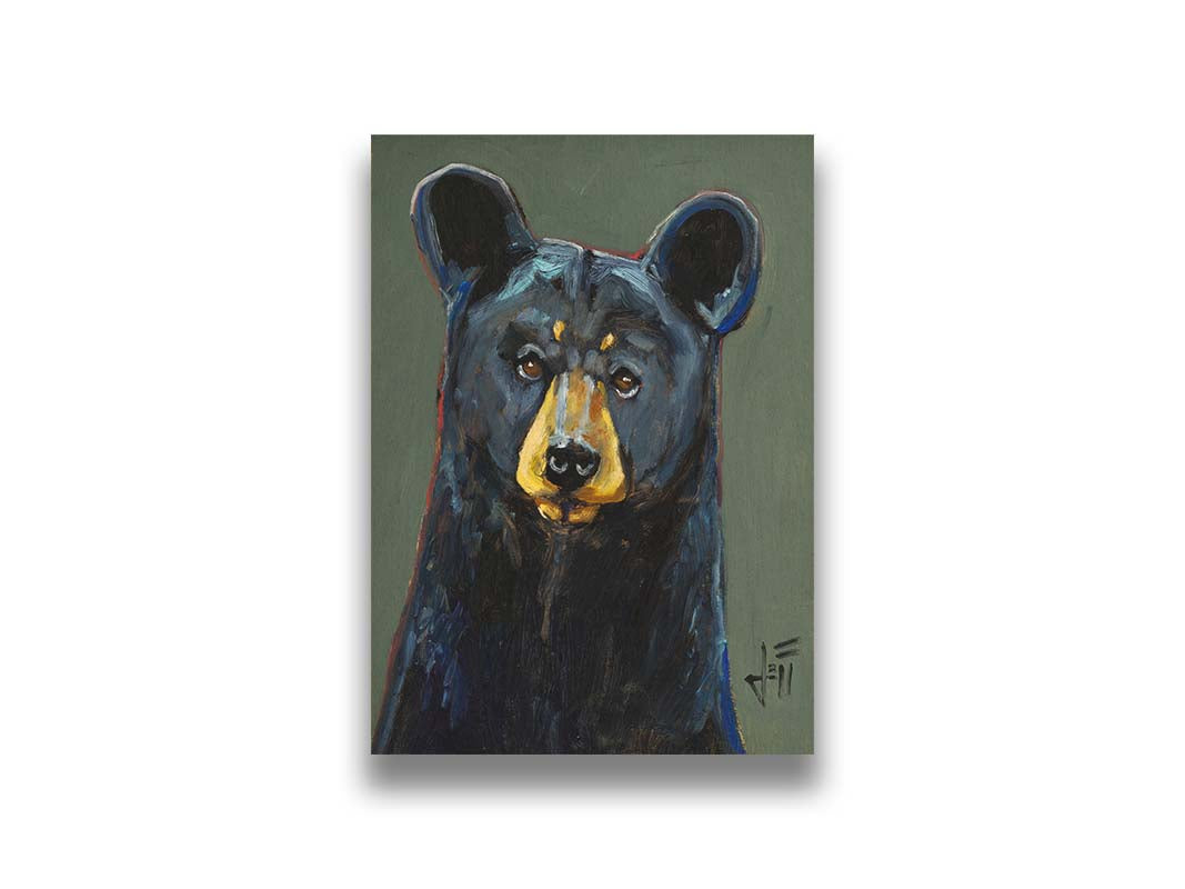 A painting of a black bear, accented with reds and blues, set against a gray-green background. Printed on canvas.