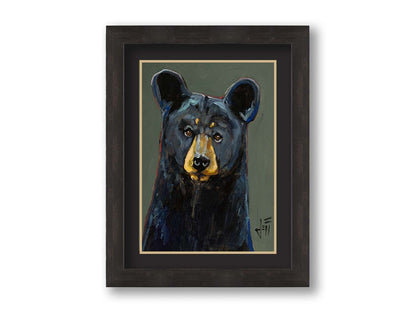 A painting of a black bear, accented with reds and blues, set against a gray-green background. Printed on paper, matted, and framed.