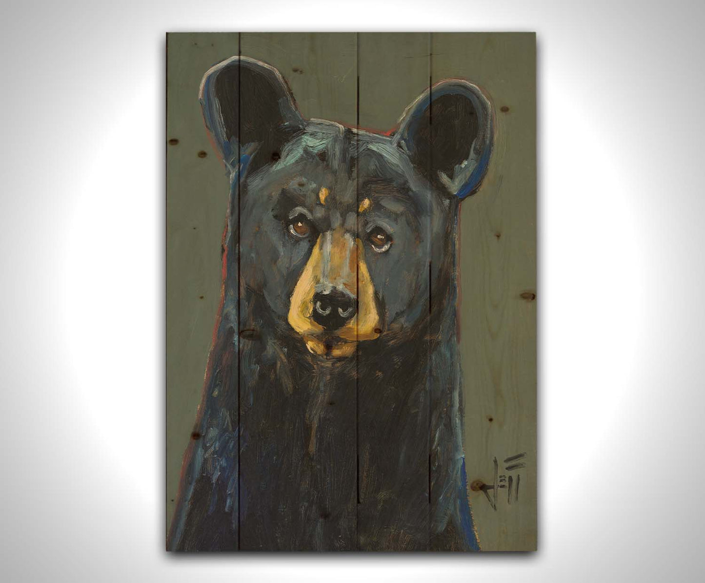 A painting of a black bear, accented with reds and blues, set against a gray-green background. Printed on a wood pallet.