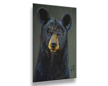 A painting of a black bear, accented with reds and blues, set against a gray-green background. Printed on metal.