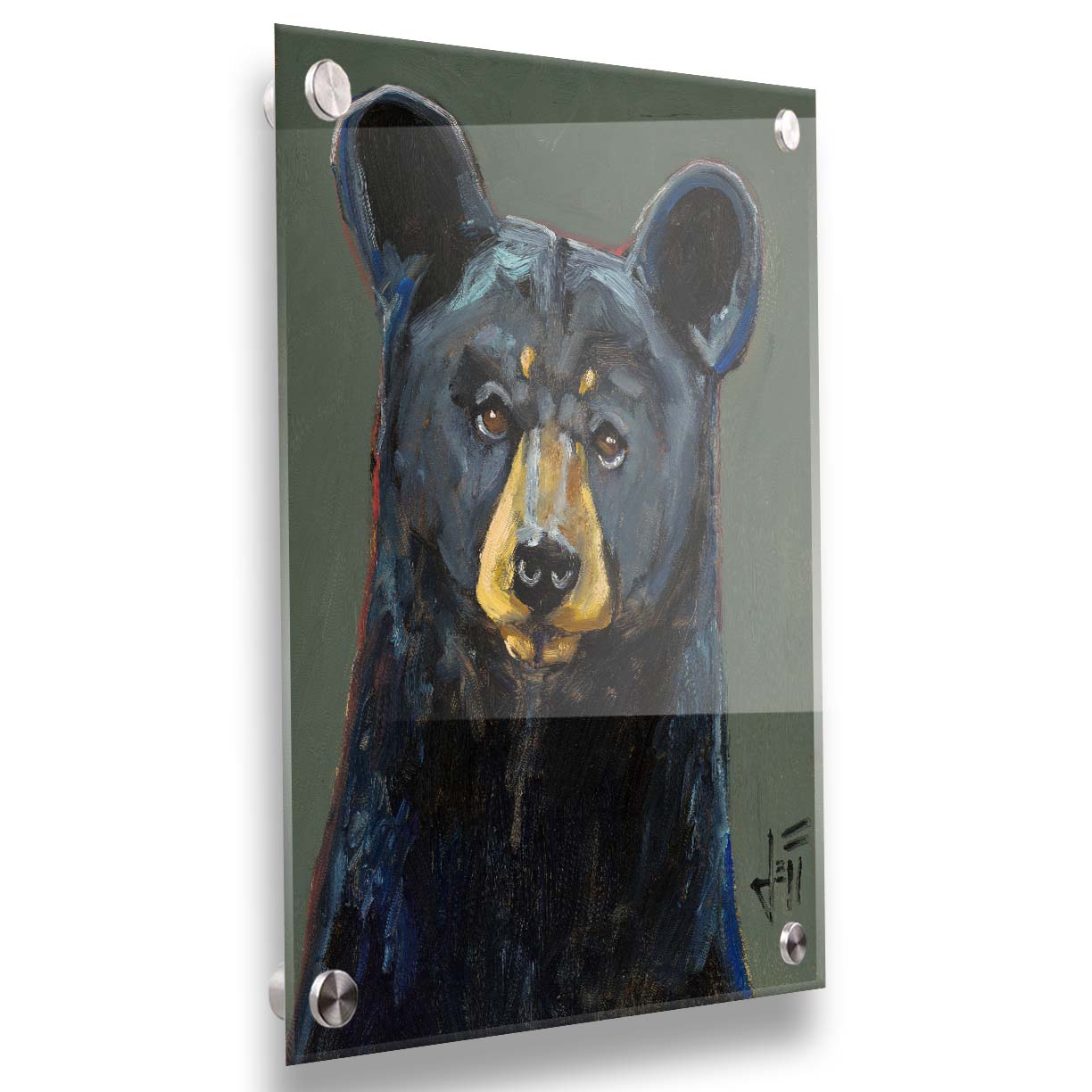 A painting of a black bear, accented with reds and blues, set against a gray-green background. Printed on acrylic.