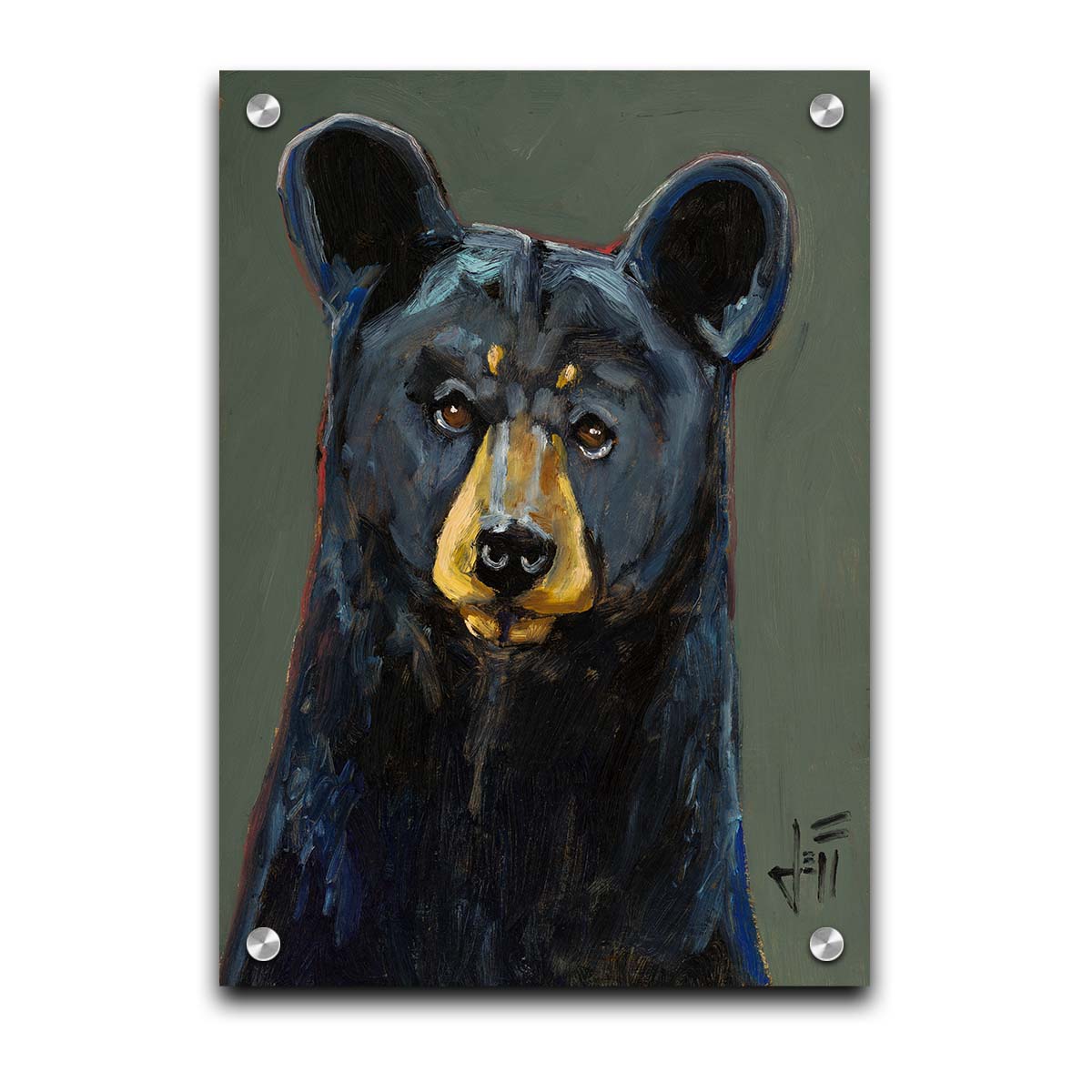 A painting of a black bear, accented with reds and blues, set against a gray-green background. Printed on acrylic.