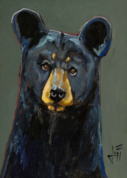 A painting of a black bear, accented with reds and blues, set against a gray-green background. 