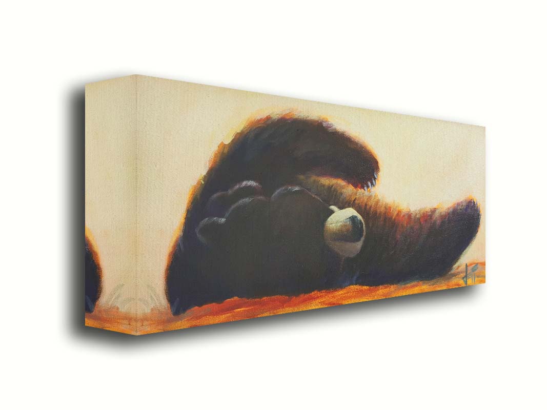 A painting of a fluffy brown bear rolled onto its back, arms outstretched, against a light neutral background. Printed on canvas.