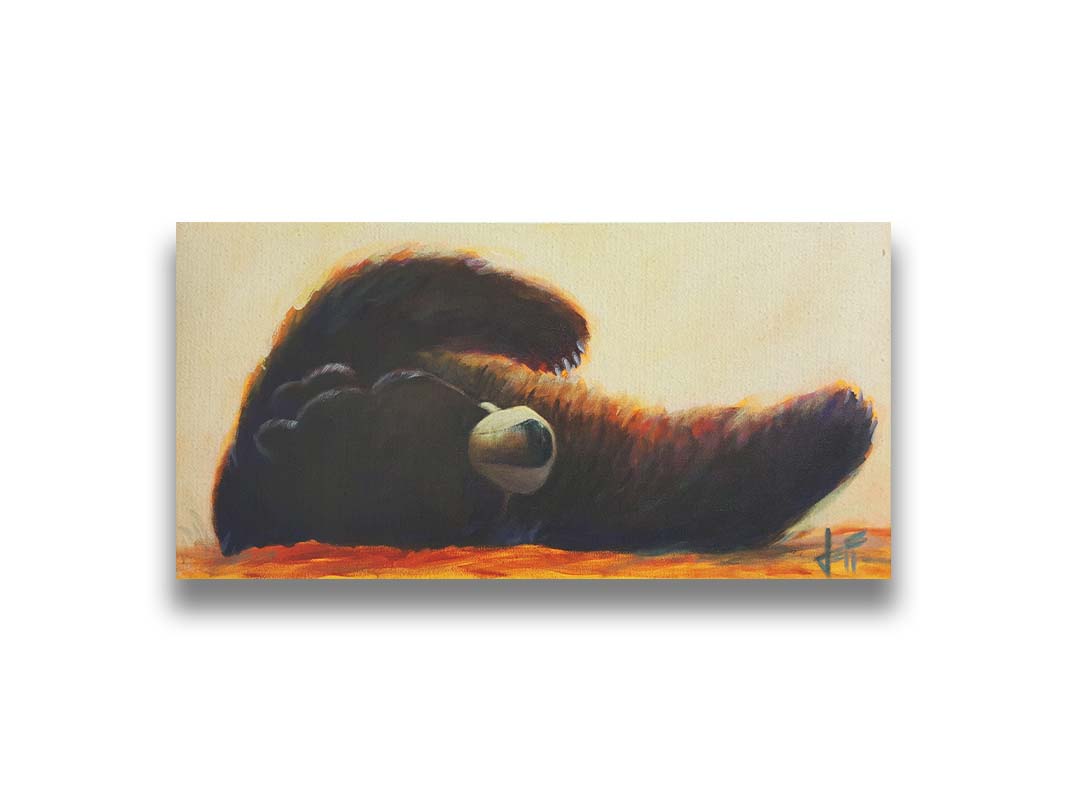 A painting of a fluffy brown bear rolled onto its back, arms outstretched, against a light neutral background. Printed on canvas.