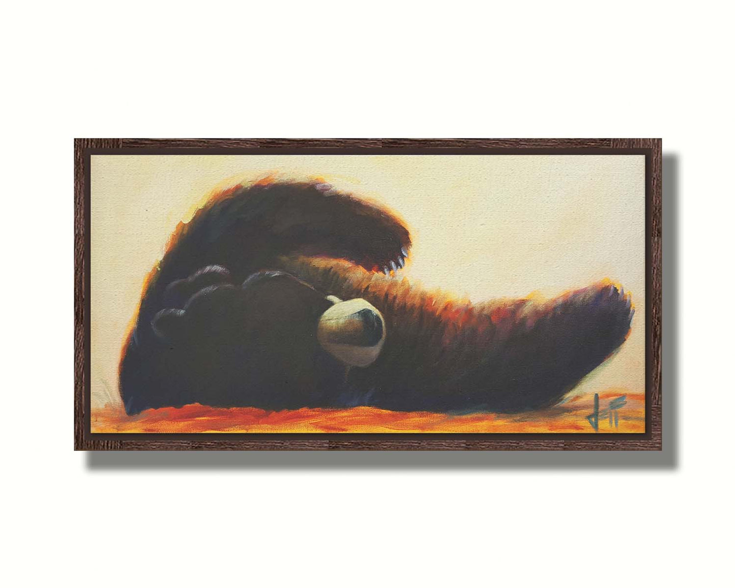 A painting of a fluffy brown bear rolled onto its back, arms outstretched, against a light neutral background. Printed on canvas in a float frame.