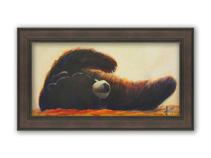 A painting of a fluffy brown bear rolled onto its back, arms outstretched, against a light neutral background. Printed on canvas and framed.