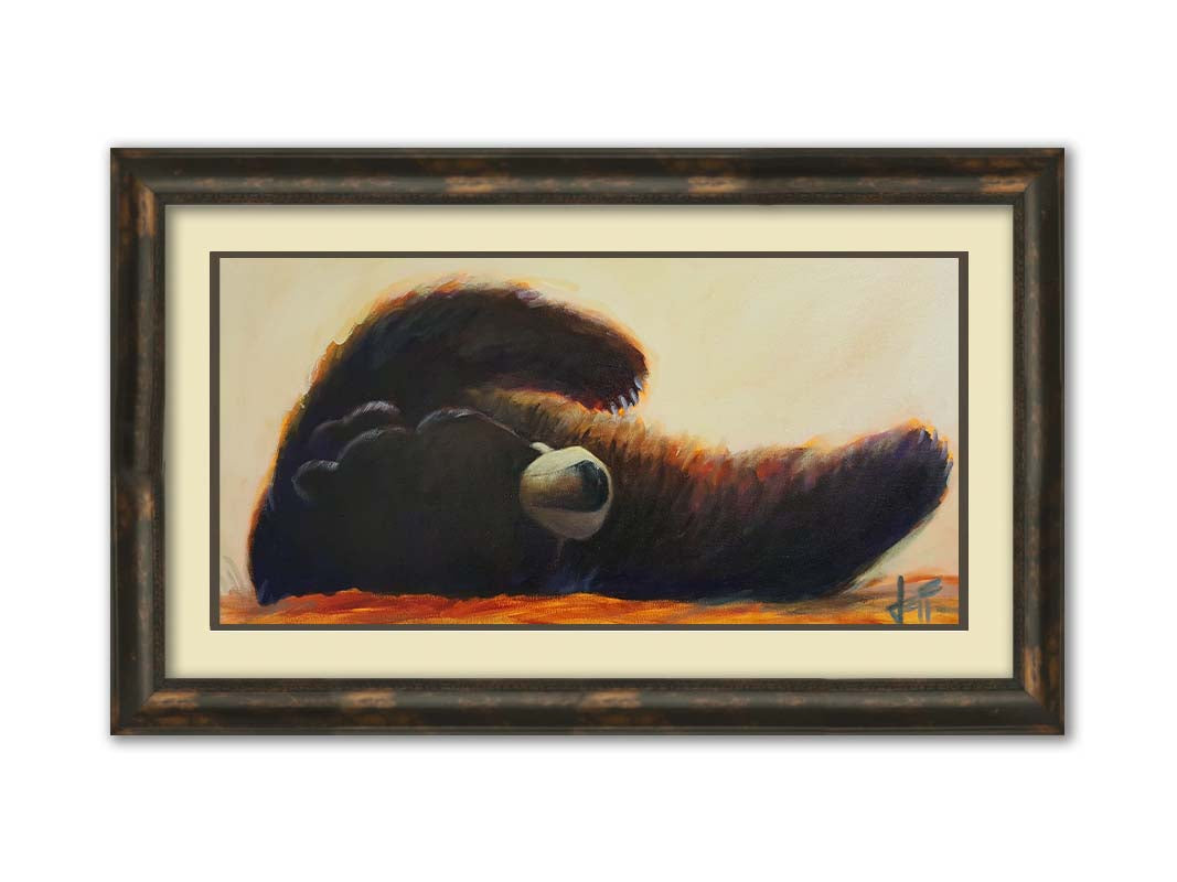 A painting of a fluffy brown bear rolled onto its back, arms outstretched, against a light neutral background. Printed on paper, matted, and framed.