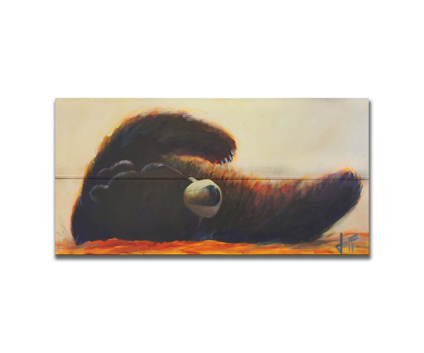 A painting of a fluffy brown bear rolled onto its back, arms outstretched, against a light neutral background. Printed on a box board.