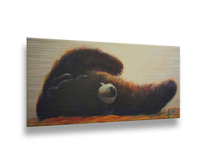 A painting of a fluffy brown bear rolled onto its back, arms outstretched, against a light neutral background. Printed on metal.